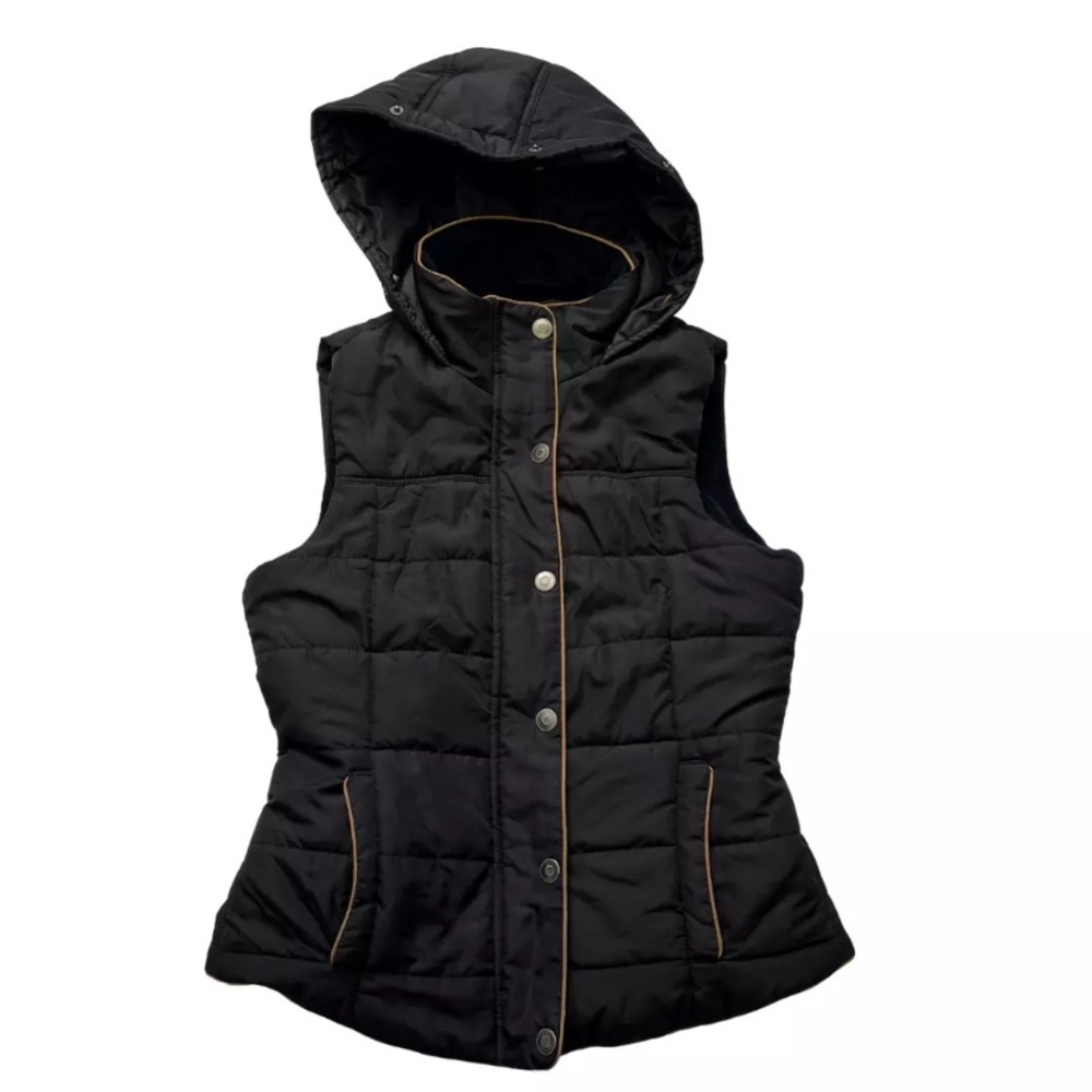 Prince & Fox Women's Black Quilted Puffer Vest Hooded Corduroy Details Size S/P